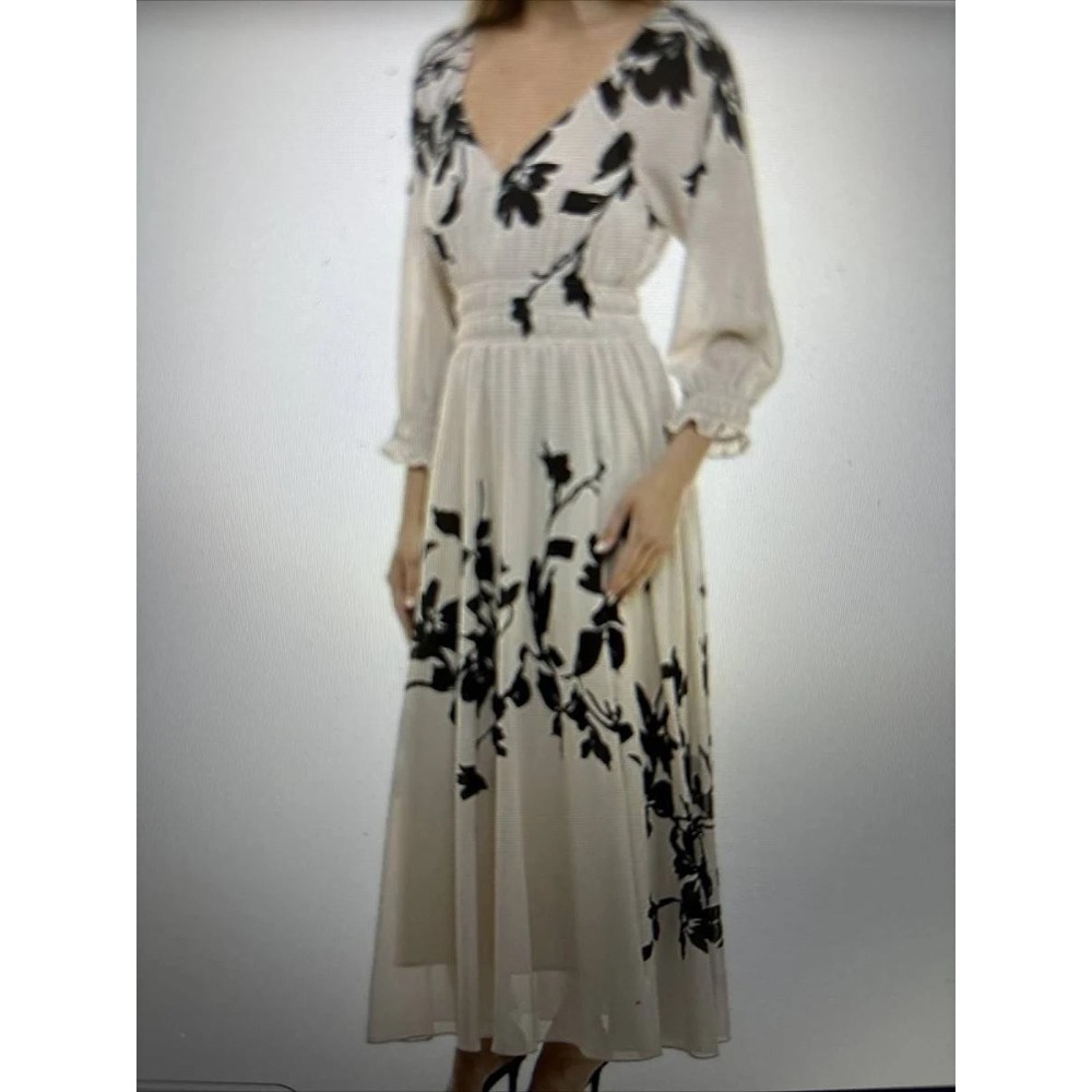 Taylor Women Cream Black Floral Smocked Waist Maxi Dress Size 8 Puff Sleeve Boho
